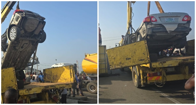 40-Foot Container Crushes Car in Lagos, Driver Miraculously Survives